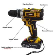 59-Piece 21V Cordless Drill Set - 3/8 Inch Keyless Chuck, 25-Position 3-Clutch Electric Drill With Work Light, 45Nm Max Torque, 2-Variable Speed, 2 Batteries And Fast Charger - Màu vàng - Xem 8