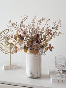 1 束人造植物仿松果和桉树茎假雪树枝适用于秋冬装饰家居婚礼派对餐桌装饰、情人节、生日毕业礼物 - 棕色 - 查看 3