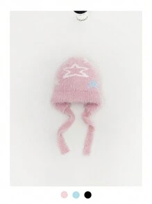 1 件 Y2K 3D 星形针织动物角针织帽，新款可爱蓬松星形图案保暖针织帽，小众设计耳罩，秋冬针织帽女士，厚实保暖手工拉法帽 - 彩色 - 查看 15