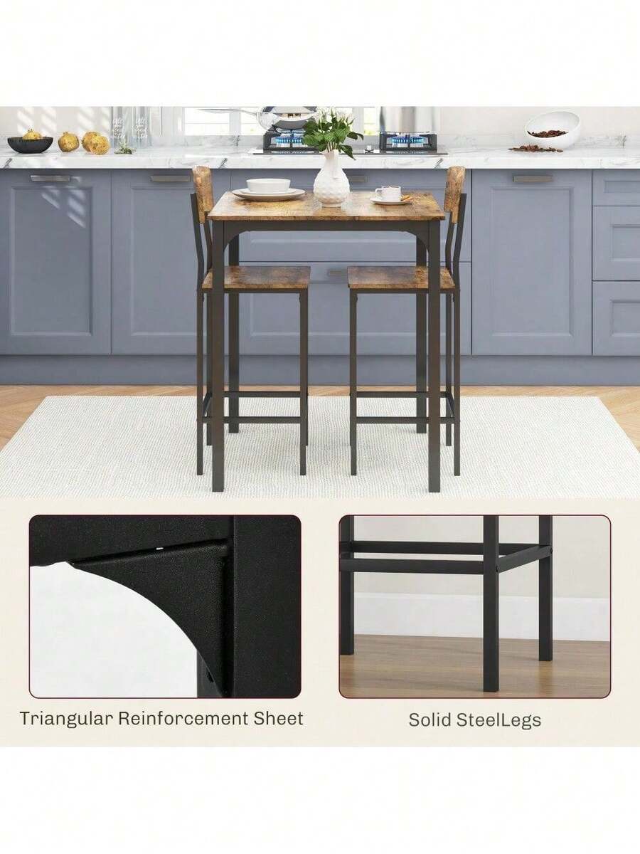 3 Piece Counter Height Bar Table And Chairs Set, Industrial