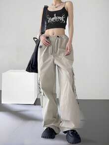 Nowe damskie spodnie cargo typu spadochron, luźne, swobodne, kieszenie ze ściągaczem w pasie, szerokie nogawki High Street American