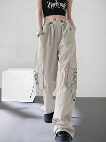 Nowe damskie spodnie cargo typu spadochron, luźne, swobodne, kieszenie ze ściągaczem w pasie, szerokie nogawki High Street American
