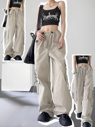 New Women Parachute Cargo Pants, Casual Loose Drawstring Waist Pockets High Street American Wide Leg Trousers