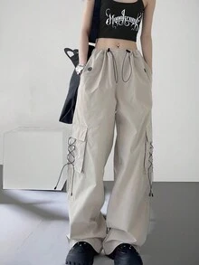 Nowe damskie spodnie cargo typu spadochron, luźne, swobodne, kieszenie ze ściągaczem w pasie, szerokie nogawki High Street American