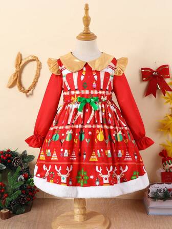 年轻女孩圣诞印花休闲长袖领连衣裙