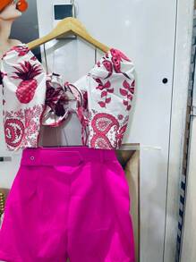 RAW CLOTHING New Set Of One-Size-Fits-All Shirt That Ties At The Back With Elastane And Print, Shorts With Belt And Pocket - 粉色 - 查看 2