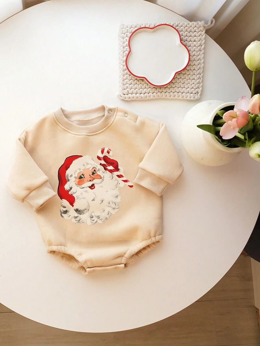 Baby Boy Girl Christmas Bodysuits Cute Warm Velvet Autumn Winter Print Beige Bodysuit Clothes Baby Outfit - Beige - View 1