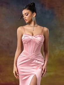 直筒甜心领细肩带晚会礼服，优雅正式舞会礼服，适合婚礼嘉宾、毕业典礼、晚宴