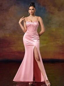 直筒甜心领细肩带晚会礼服，优雅正式舞会礼服，适合婚礼嘉宾、毕业典礼、晚宴