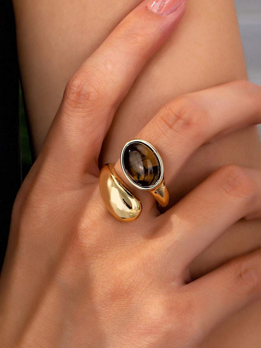 1 Pç Olho de Tigre Pedra Natural Decoração Metal Anel Chunky Para Mulheres
