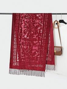 Ankla 红色天鹅绒花卉烧花图案围巾，手工流苏时尚派对/礼服围巾，透明花朵天鹅绒围巾 - 紅色 - 查看 4