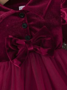 女婴秋季荷叶边领长袖蝴蝶结碎花双层网眼派对连衣裙 - 酒紅色 - 查看 4