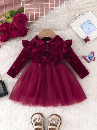 Baby Girl Autumn Ruffle Collar Long Sleeve Bowknot Ditsy Floral Double Layer Mesh Party Dress
