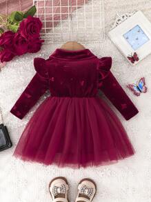 女婴秋季荷叶边领长袖蝴蝶结碎花双层网眼派对连衣裙 - 酒紅色 - 查看 2