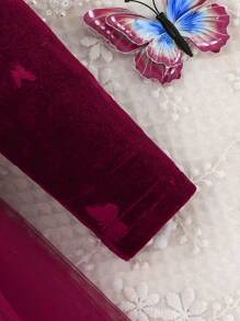 女婴秋季荷叶边领长袖蝴蝶结碎花双层网眼派对连衣裙 - 酒紅色 - 查看 5