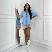 Blouse With Front Opening And Bow Tie - Màu xanh lam - Xem 2