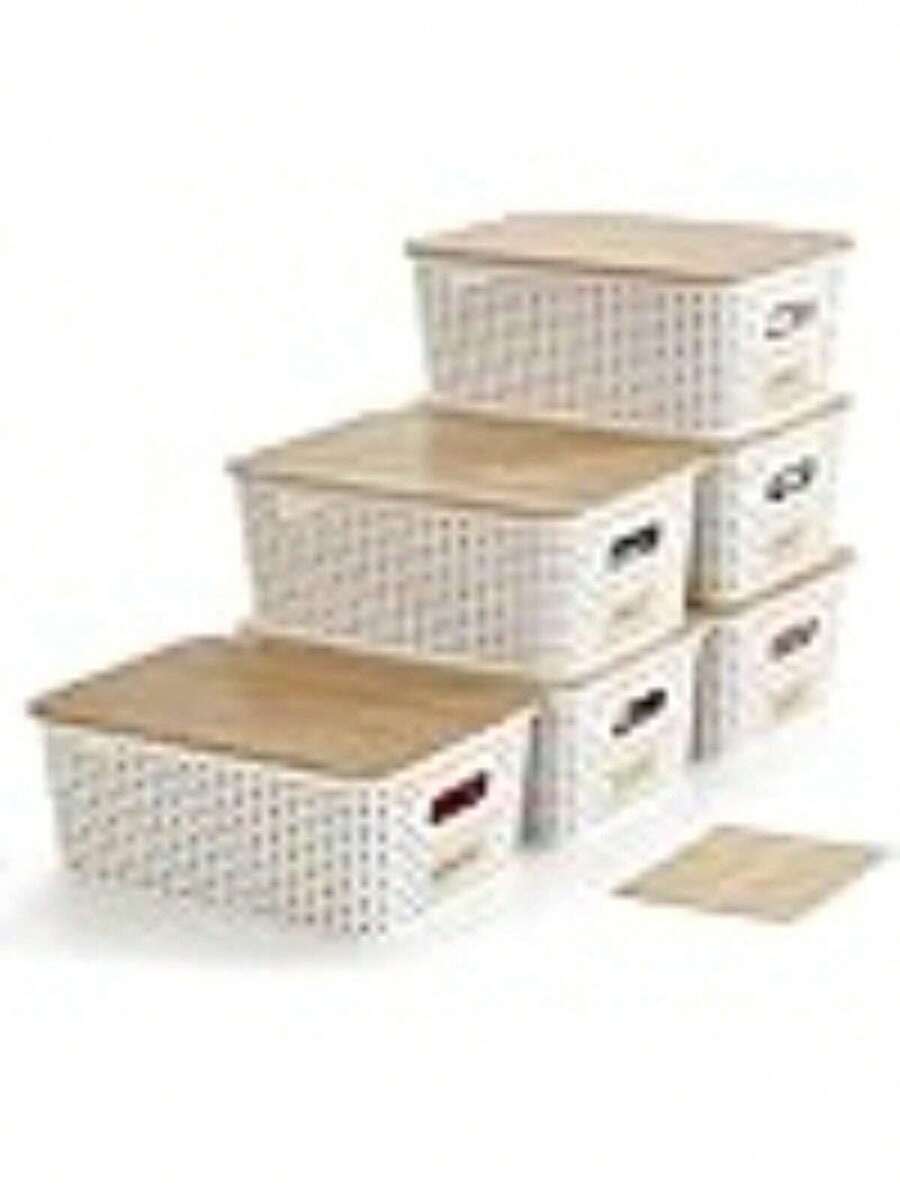 Small Plastic Storage Bins With Bamboo Lids 5.2qt Stackable Box Basket