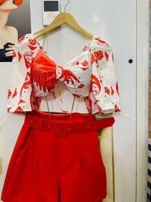 Belala Moda New Set Of One-Size-Fits-All Shirt That Ties At The Back With Elastane And Print, Shorts With Belt And Pocket - 橘色 - 查看 3