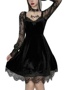 Women Gothic Dress Vintage Lace Grunge Punk Goth Dresses Casual Cosplay Party Cocktail Halloween - 黑色 - 查看 3