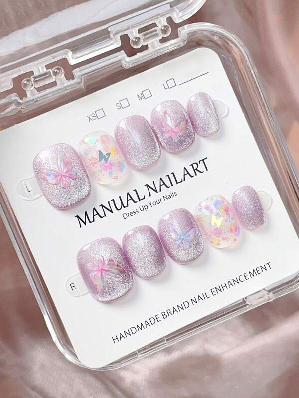 10 piezas de uñas postizas ovaladas cortas hechas a mano, uñas falsas soñadoras y románticas, uñas morado claro o lavanda, mariposa morada soñadora, caramelo de cristal de hielo, removibles y reutilizables, incluye 1 pieza de pegamento de gel y 1 lima de uñas, adecuadas para uso diario, trabajo, escuela, citas, fiestas, bailes.
