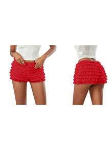 Women's Summer Ruffled Frilly Shorts, Multi-Layer Mesh Short Pants Sweet Cute Bloomers - Red - View 2