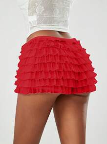 Women's Summer Ruffled Frilly Shorts, Multi-Layer Mesh Short Pants Sweet Cute Bloomers - Red - View 8