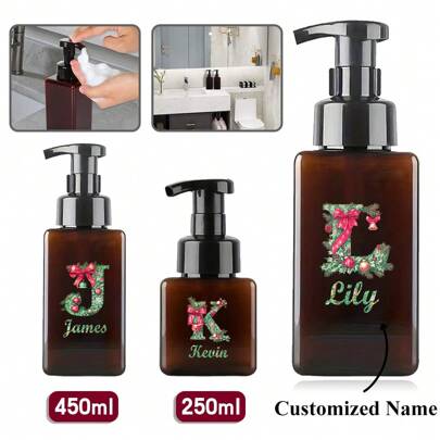 Personalized 250ml/450ml Square Mousse Foam Bottle Refillable Pump Bottle Press Type Soap Dispenser Large Capacity Liquid Soap Shampoo Body Wash Hand Sanitizer Storage Container Split Home Bath Supply Accessories Ideal For Daily Use Christmas Theme Customized Name