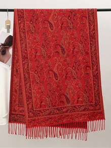 1条经典秋冬女士围巾，优雅复古提花穆斯林头巾，适合日常户外活动保暖 - 紅色 - 查看 3