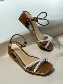 Women's Sandals With Thick, Medium Heel And Lace-Up, Shiny, Braided, Fashion Promotion - Lạc đà - Xem 2