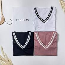 3-Piece Kit Of Women's Ribbed V-Neck Blouses One Size 40 42 44 Summer Fashion Black + White + One Color Of Your Choice - 藕粉色 - 查看 6