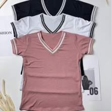 3-Piece Kit Of Women's Ribbed V-Neck Blouses One Size 40 42 44 Summer Fashion Black + White + One Color Of Your Choice - 藕粉色 - 查看 2