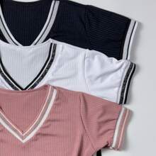 3-Piece Kit Of Women's Ribbed V-Neck Blouses One Size 40 42 44 Summer Fashion Black + White + One Color Of Your Choice - 藕粉色 - 查看 5