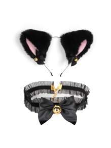 4 件毛绒黑猫/白猫/灰兔/白兔角色扮演配饰套装，包括毛绒猫耳头带、手套、带铃铛的项链、兔耳头带、蝴蝶结和兔嘴和尾巴装饰 - 万圣节派对服装 - 彩色 - 查看 2