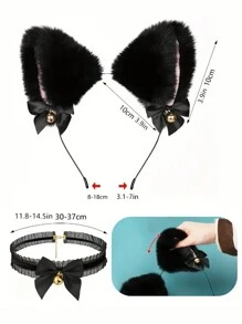 4 件毛绒黑猫/白猫/灰兔/白兔角色扮演配饰套装，包括毛绒猫耳头带、手套、带铃铛的项链、兔耳头带、蝴蝶结和兔嘴和尾巴装饰 - 万圣节派对服装 - 彩色 - 查看 5