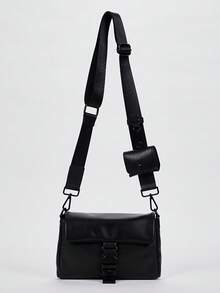 1 chiếc túi đeo chéo vuông PU màu trơn, thích hợp cho phụ nữ sử dụng hàng ngày - màu đen - Xem 1