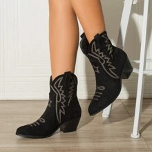 2024 秋冬新款波西米亚刺绣牛仔西部靴，粗跟黑色过膝一脚蹬