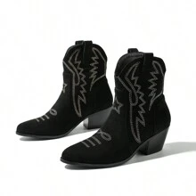 2024 秋冬新款波西米亚刺绣牛仔西部靴，粗跟黑色过膝一脚蹬