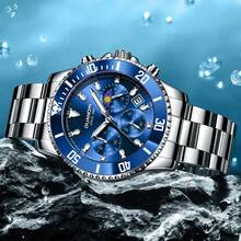 GUANQIN 1 件防水夜光计时手表带日历月相表盘耐磨不锈钢表带时尚商务奢华经典简约休闲机械风格男士自动石英表适合节日、约会、商务、礼物 - 藍色 - 查看 4