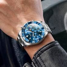 GUANQIN 1 件防水夜光计时手表带日历月相表盘耐磨不锈钢表带时尚商务奢华经典简约休闲机械风格男士自动石英表适合节日、约会、商务、礼物 - 藍色 - 查看 6