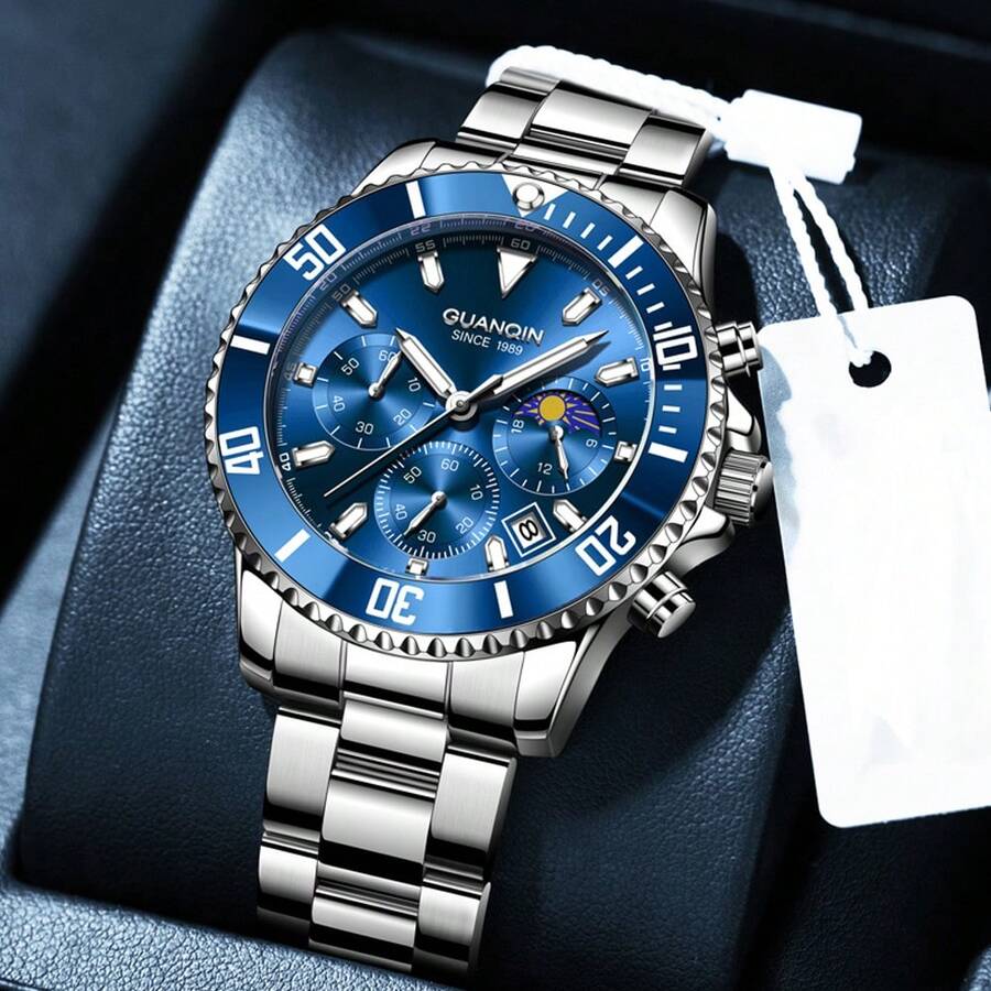 GUANQIN 1 件防水夜光计时手表带日历月相表盘耐磨不锈钢表带时尚商务奢华经典简约休闲机械风格男士自动石英表适合节日、约会、商务、礼物 - 藍色 - 查看 1