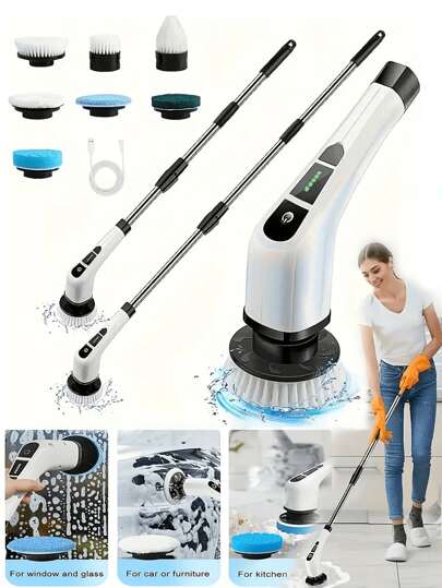 1 Nettoyeur électrique rotatif sans fil - Chargement USB, 7 têtes de brosse remplaçables, double vitesse, manche télescopique amovible, indicateur de niveau de batterie, convient pour le nettoyage de la cuisine/du salon/de la salle de bain, alimentation par batterie lithium, produit de nettoyage domestique sept en un