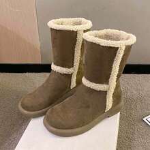 女士时尚舒适防滑厚底靴，新款百搭毛茸茸加厚保暖雪地靴，纯色冬季休闲侧拉链中筒靴 - 棕色 - 查看 4