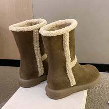 女士时尚舒适防滑厚底靴，新款百搭毛茸茸加厚保暖雪地靴，纯色冬季休闲侧拉链中筒靴 - 棕色 - 查看 5