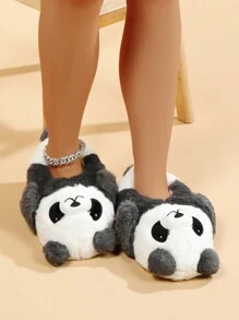 Papuci de casă pentru femei cu desene animate drăguțe cu panda, pantofi de interior antiderapanți, papuci de maternitate cu talpă de cauciuc caldă, papuci de cuplu pentru iarnă, pantofi cu blană, papuci amuzanți