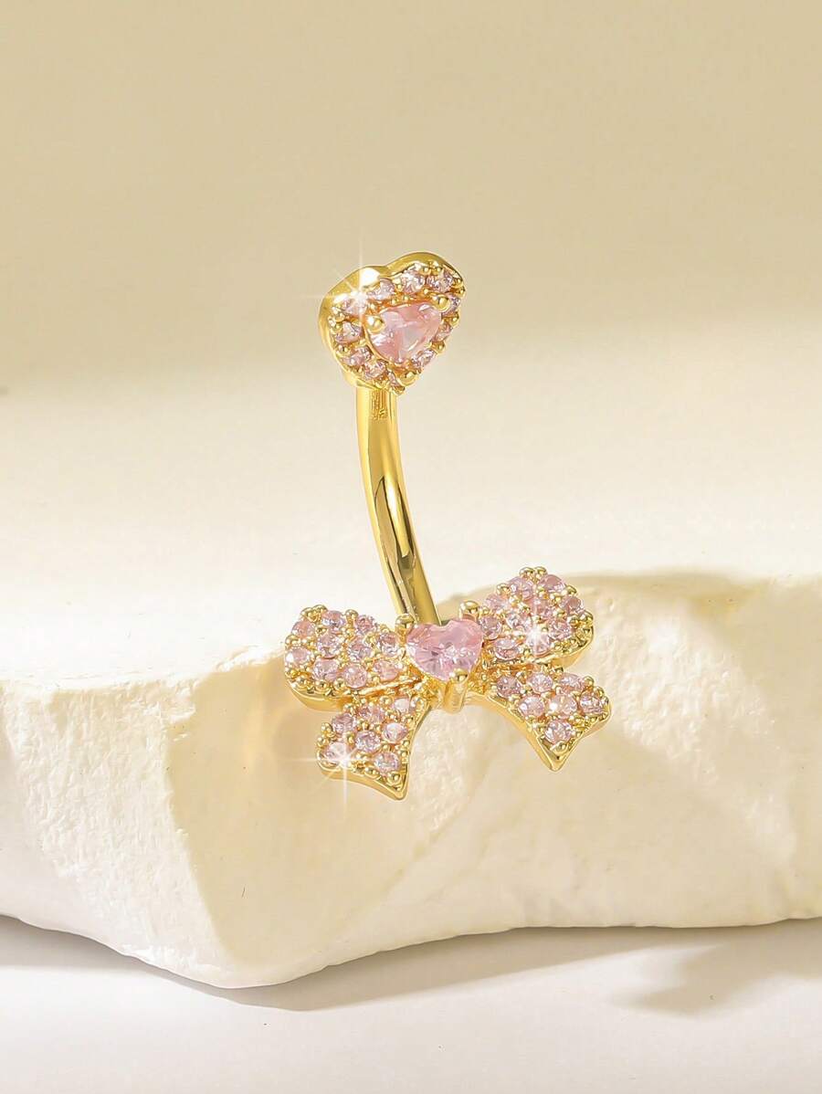 1pc Sparkling Bronze Plated Gold Encrusted Zirconia Heart Butterfly Navel Ring - Suitable For Women, Valentine's Day, Mother's Day, Christmas, Thanksgiving, Birthday Party, Bar Dance, Daily Decoration Valentines,Mom,Mother,Mother's Day,Gift - Yellow Gold - View 1