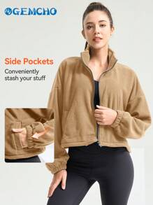 GEMCHO Veste en polaire pour femmes, veste courte zippée intégrale, col montant, manches longues, coupe ample, couleur unie, vêtements de sport courts avec sherpa