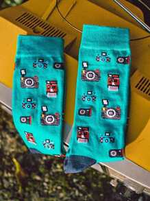 1 đôi tất cổ cao unisex thiết kế hình máy ảnh hoạt hình, tất thời trang màu xanh dương tươi sáng, kiểu dáng thường ngày. - Nhiều màu - Xem 3