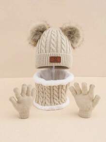 3pcs/Set Children's Warm 3 Pieces Set, & Fashionable Cold-Proof Heart Pattern Knit Hat For Autumn/Winter - Solid Color Love Two Piece Set - View 19