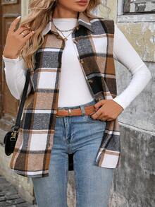 Plus Size Women Fashion Plaid Sleeveless Vest Jacket