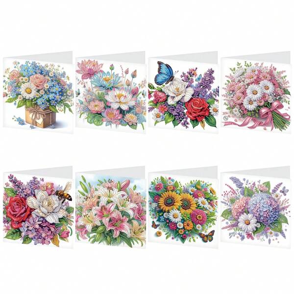 8 Packs Diamond Art Painting Greeting Card Kit Diamond Art Greeting Cards Special Shaped Diamond Painting Greeting Card Arts Crafts For Christmas Birthday Thanksgiving Day Holiday (Flowers 30x15cm)